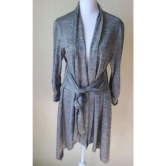 Joseph Ribkoff Long Open Cardigan Tie Waist Ruched Sleeve, Grey/Lurex US 12 - Picture 1 of 11
